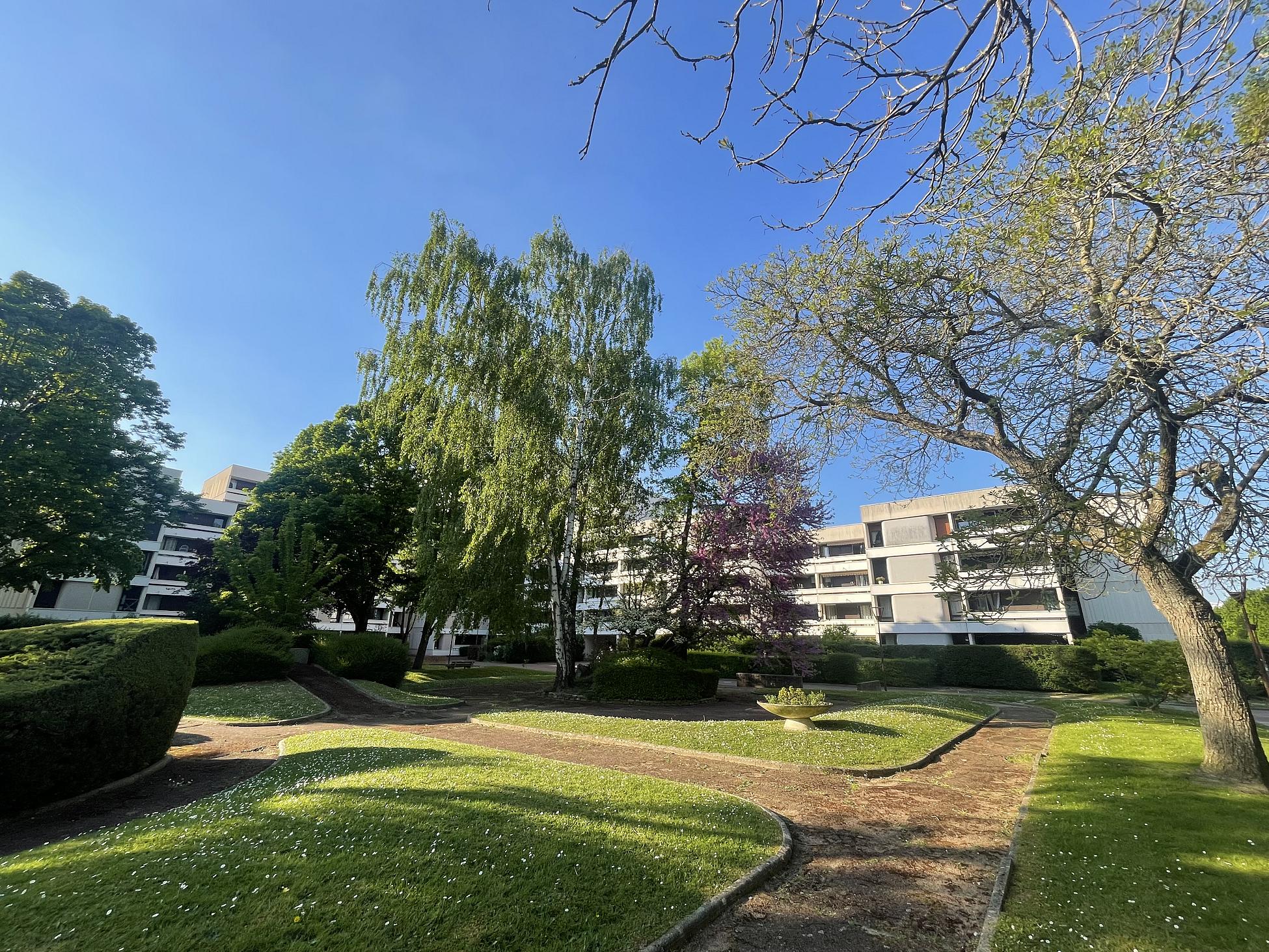 Espace vert en copropriété avec arbres adultes, cheminements piétons et plantations nécessitant une gestion arboricole adaptée